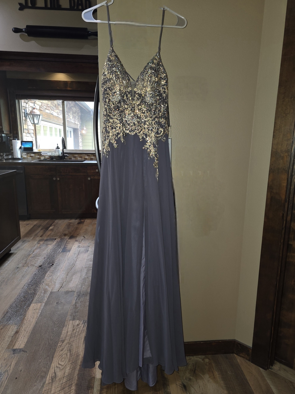 Elegant Gray Evening Gown with Gold Embellished Bodice
